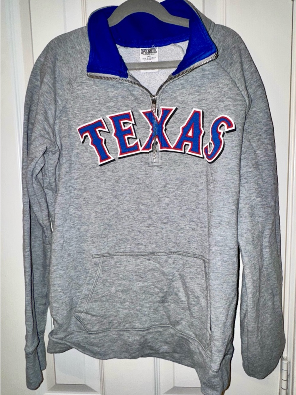 PINK Gray Zip-Up Pullover with Blue Hood Trim